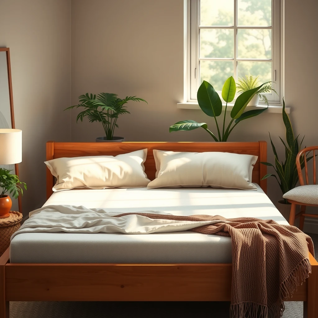 Cozy bedroom featuring an organic mattress with natural bedding and soft lighting