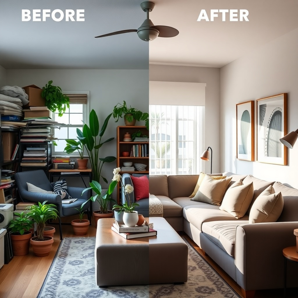 Before and after refresh of a home living room with simple decor