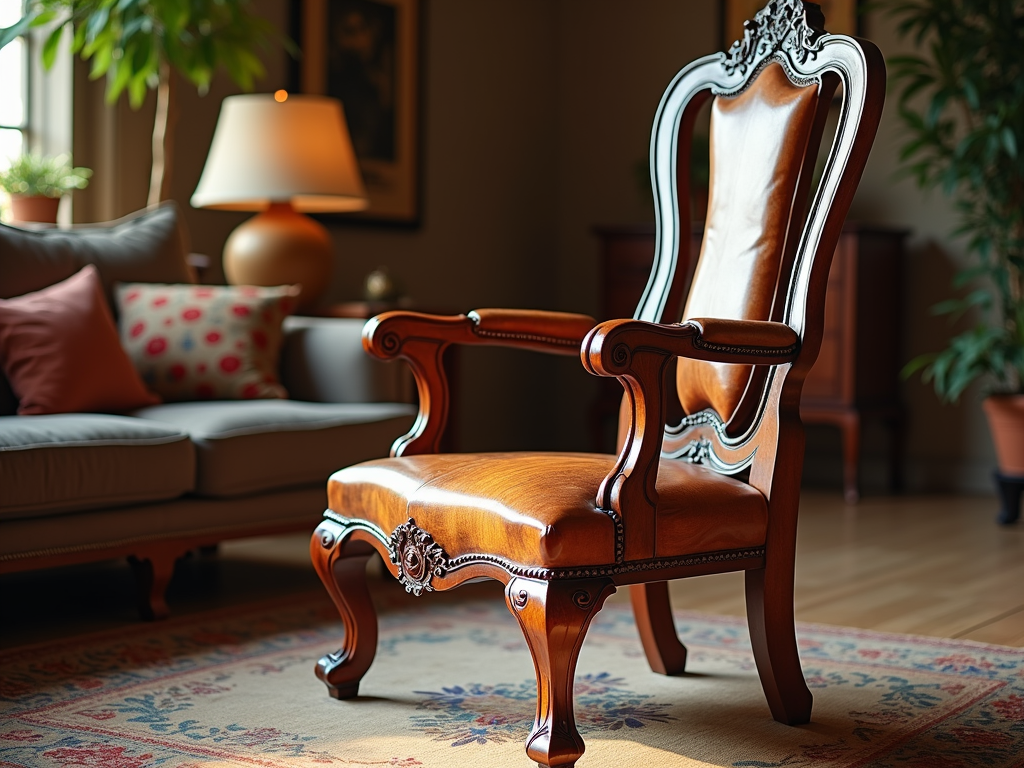 Antique wooden chair in a living room setting.
