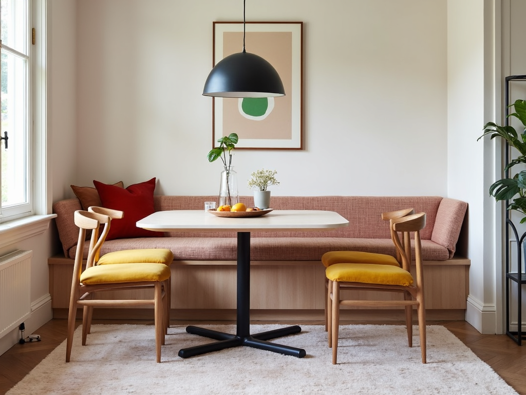 A modern dining nook with bold colors and patterns.