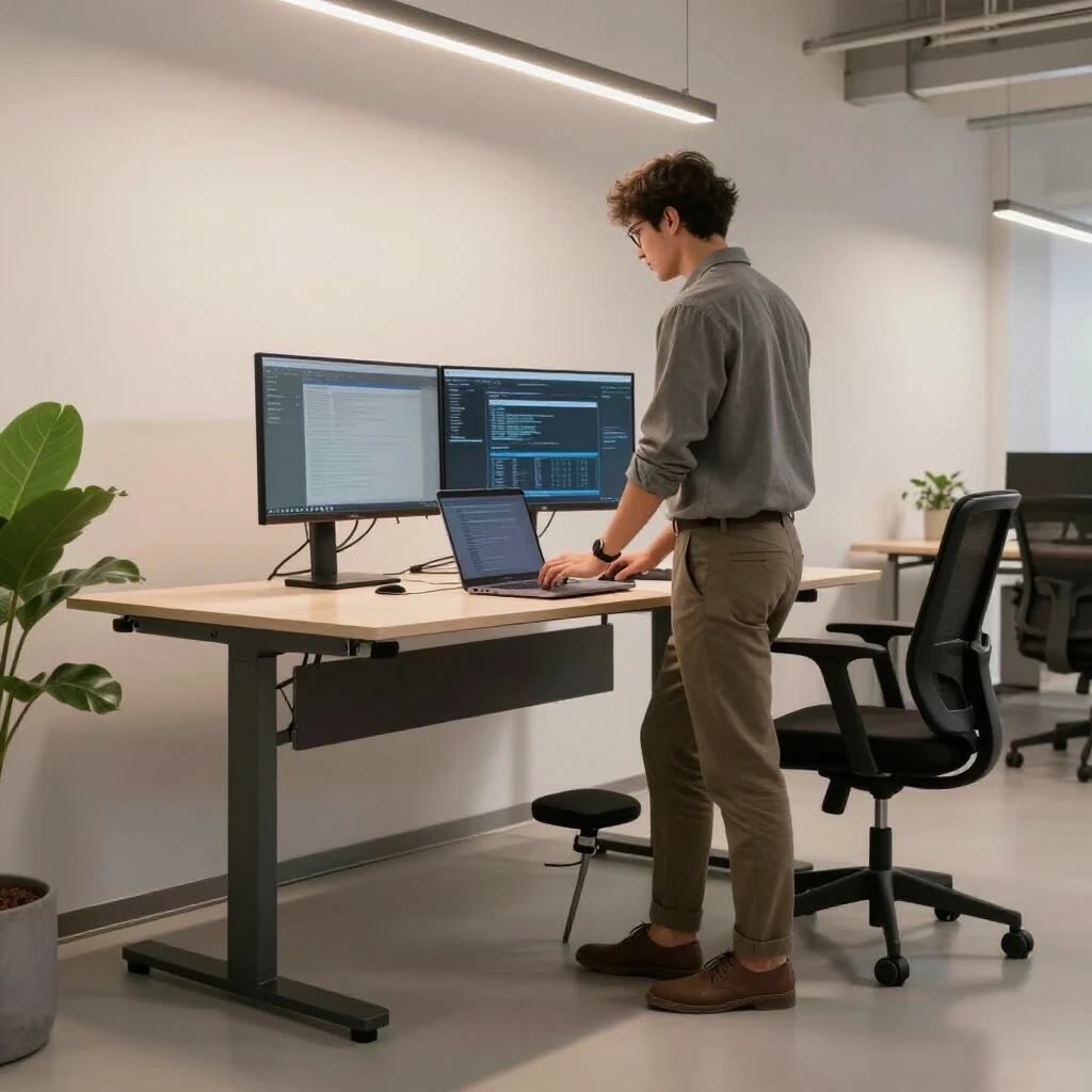 Professional using a standing desk in a modern ergonomic workstation
