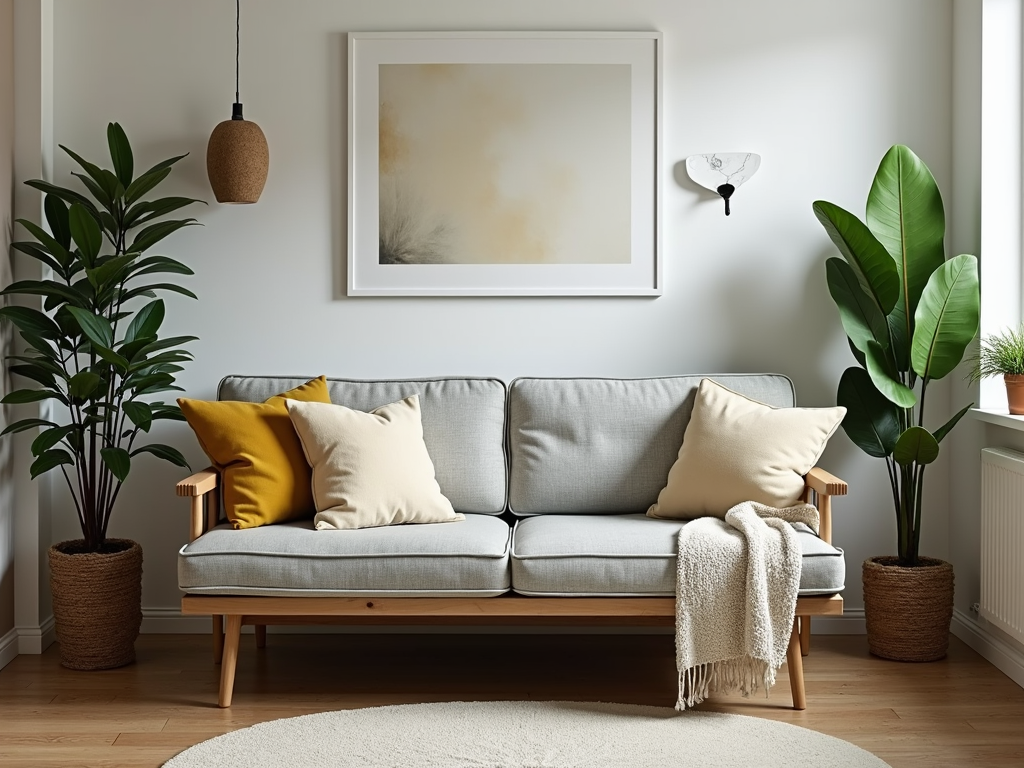 A modern futon sofa in a small living room.