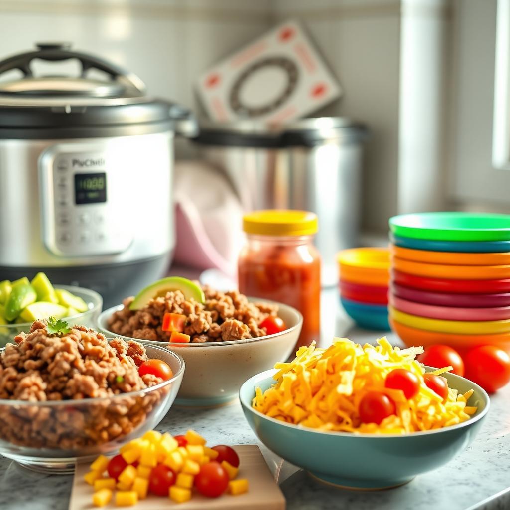 Kitchen countertop with taco bowl ingredients, including ground beef, avocados, tomatoes, cheese, and salsa, with a rice cooker in the background.