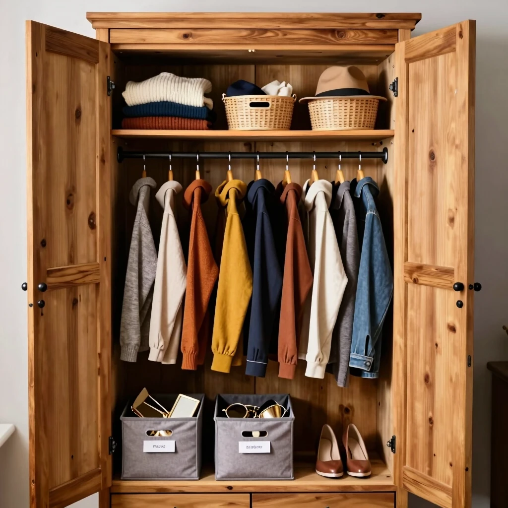 Interior of organized wooden armoire with clothes and storage bins