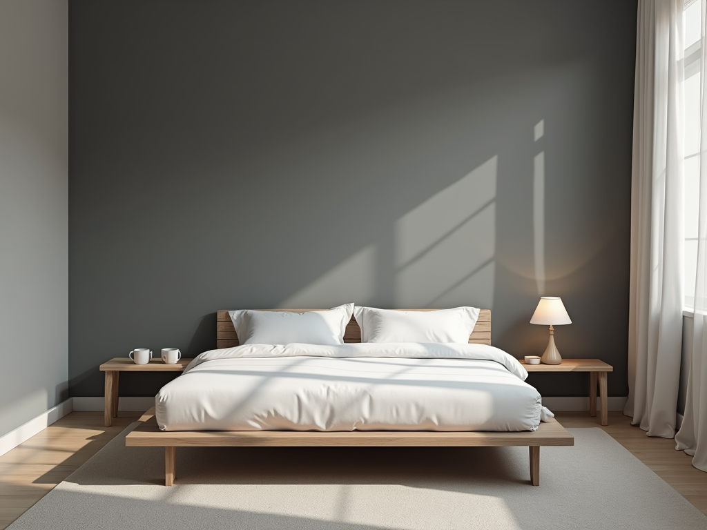 A minimalist bedroom with gray walls and simple decor