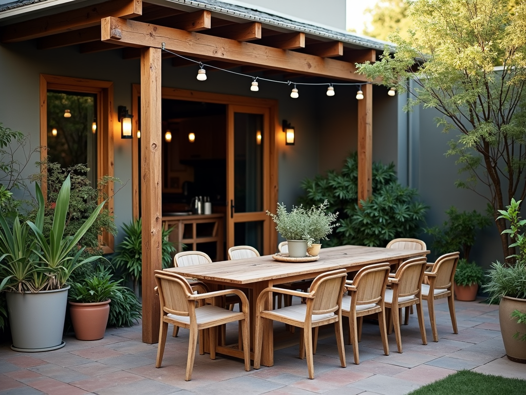 Sustainable patio with reclaimed wood table and solar lights