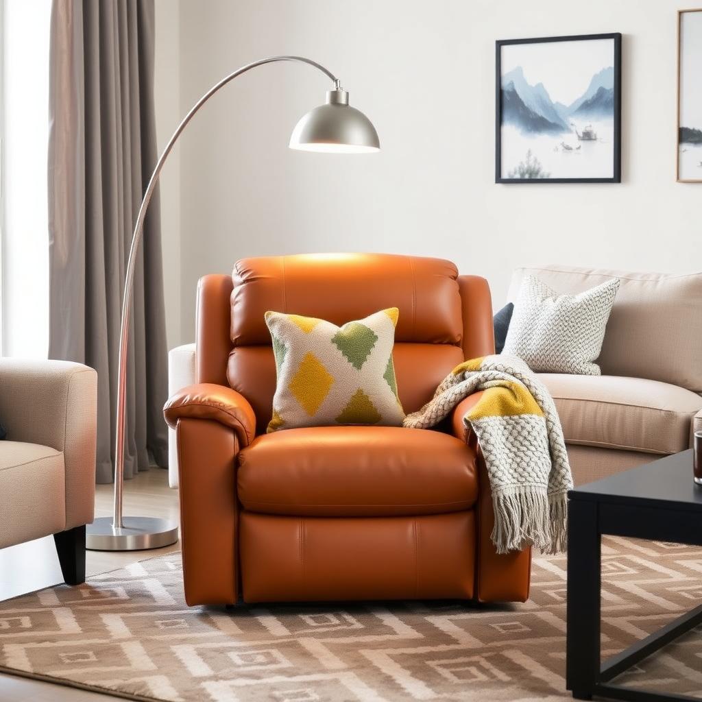 Living room with a tan leather recliner, colorful throw pillow, knitted blanket, and modern floor lamp.