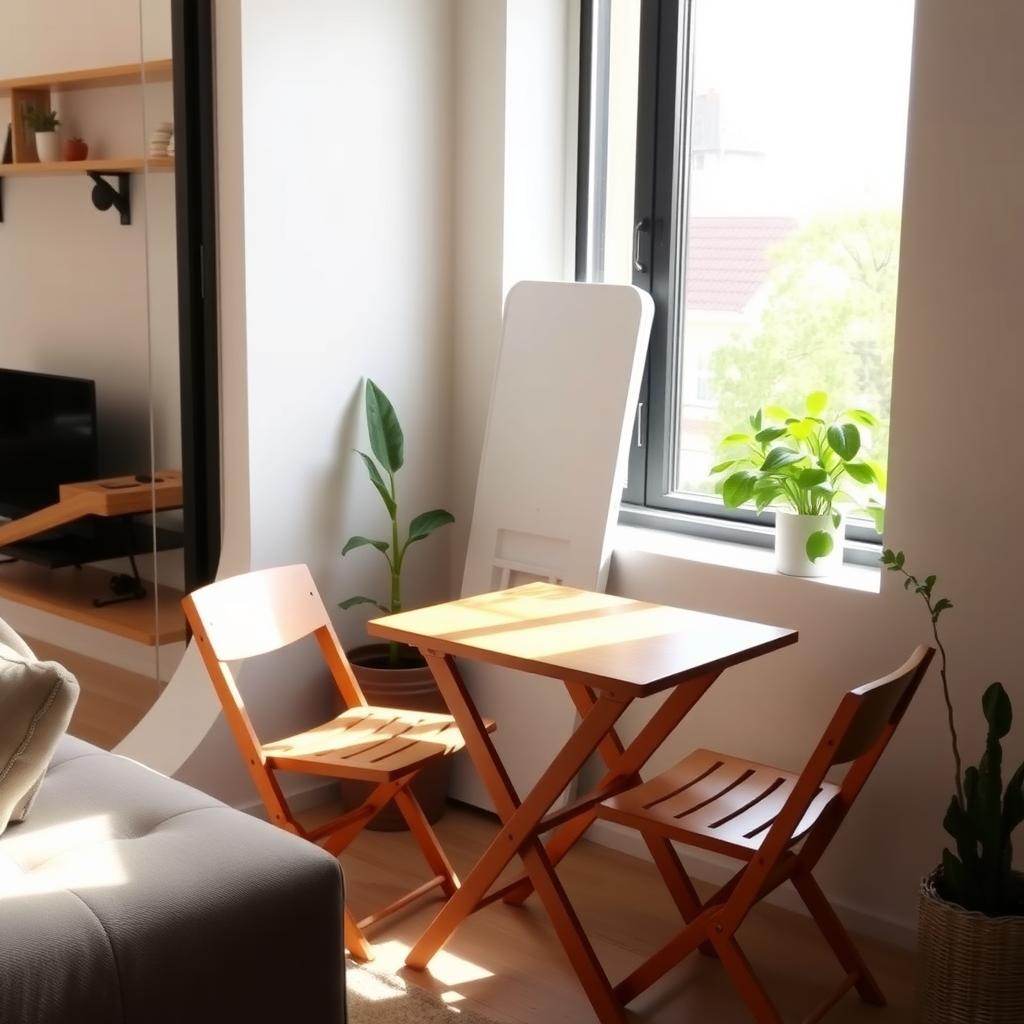 A modern small apartment with a compact wooden foldable table near a window, accompanied by folding chairs and a folded table against the wall.