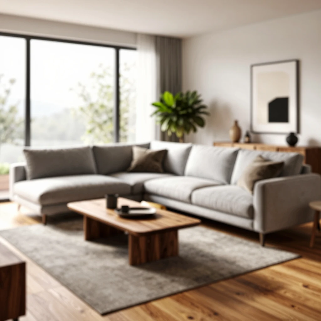 Cozy modern living room with sectional sofa, armchair, and large windows