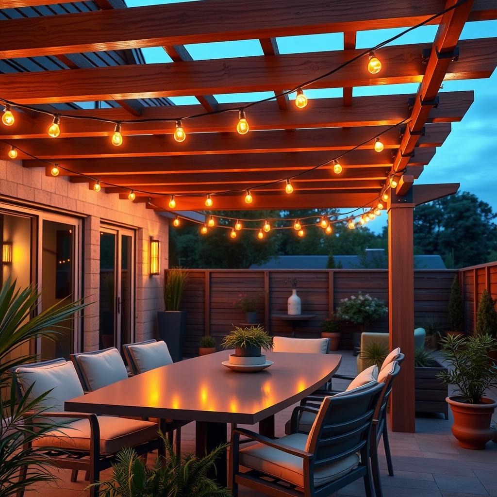 Modern patio at dusk with solar-powered string lights illuminating a wooden pergola, dining table, and potted plants.