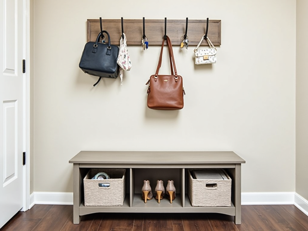 An entryway with a storage bench and hanging organizers, showcasing vertical storage solutions for small spaces.