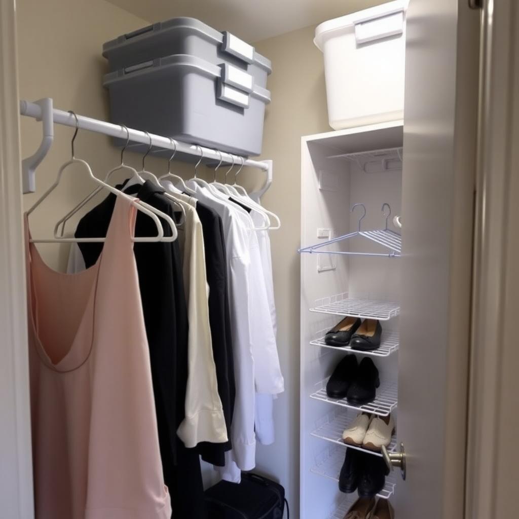 Organized small apartment closet with double-hanging rods, slim hangers, a door-mounted shoe rack, and storage bins.