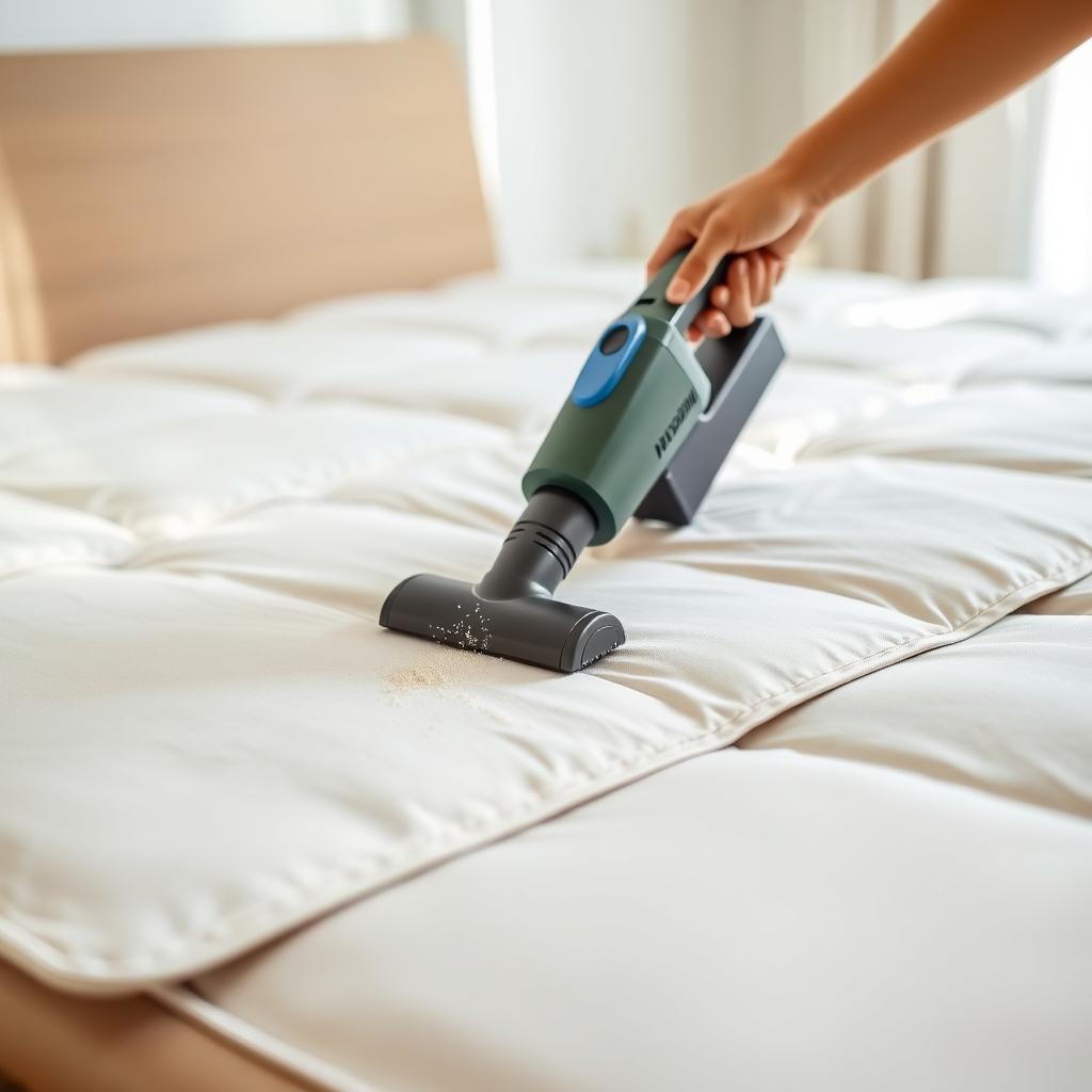 A person vacuuming a futon mattress in a well-lit bedroom.