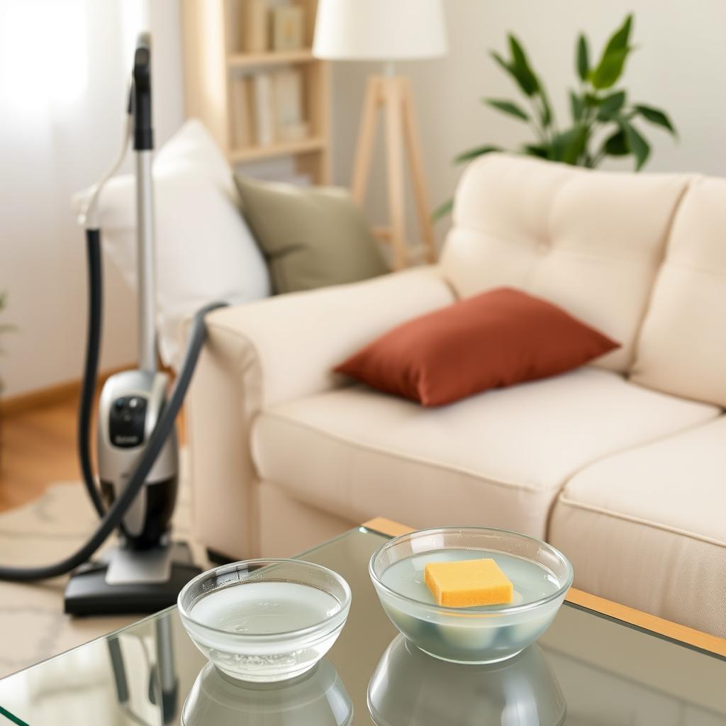 Clean cream-colored sofa in a living room with a vacuum and soapy water nearby.