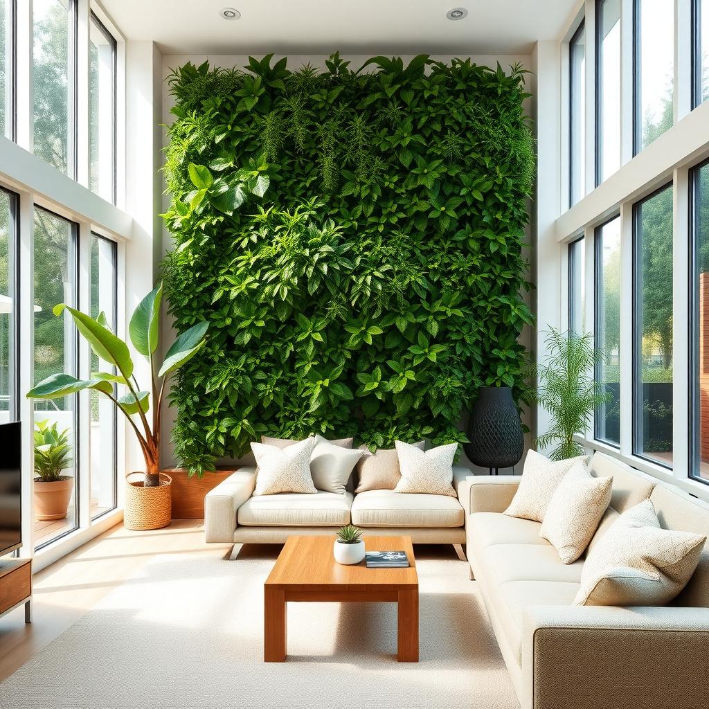 Living room with a vertical garden wall, large windows, and a cozy beige sofa