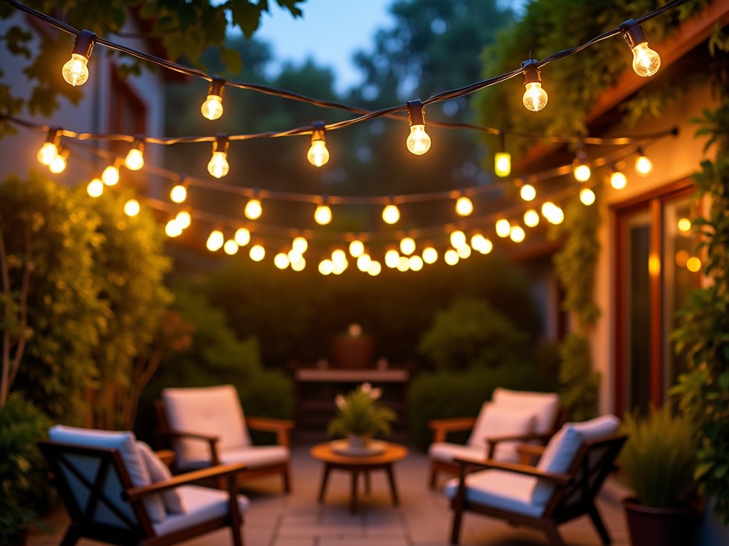 String lights hanging above a stylish patio set, enhancing the evening ambiance.