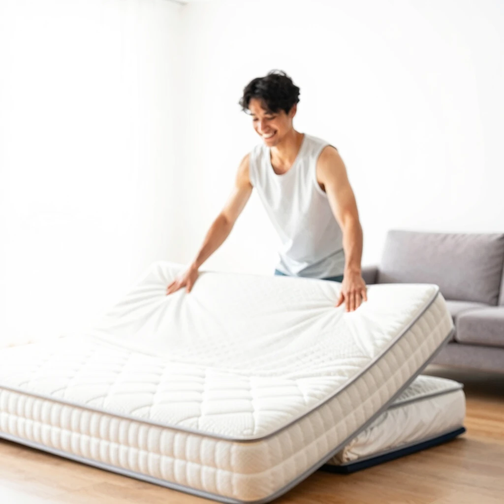 Person happily maintaining and folding a futon mattress in a bright room