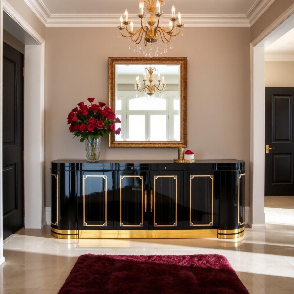Art Deco sideboard with gold accents and mirrored panels in an elegant entryway