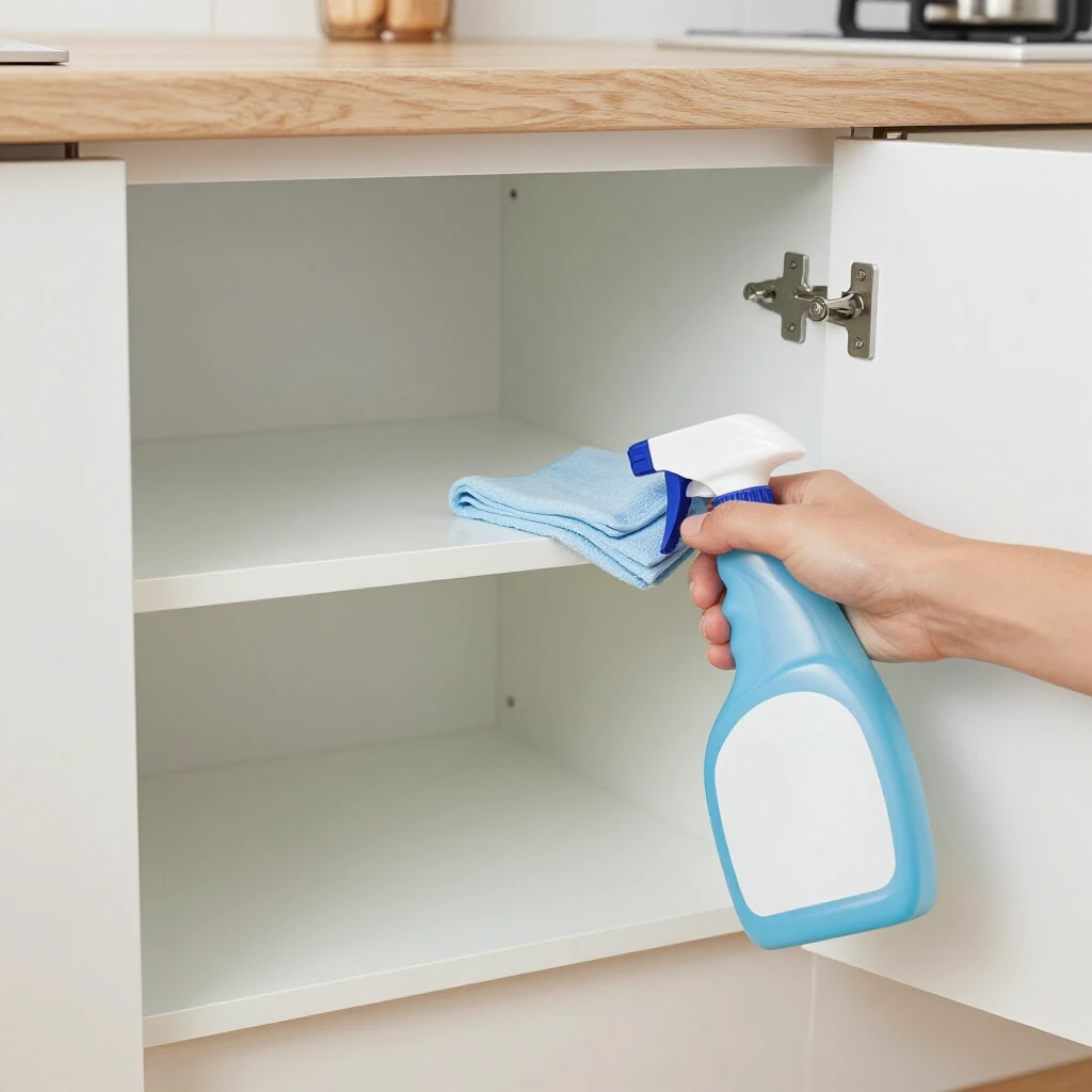 Cleaning empty kitchen cabinets during the decluttering process.