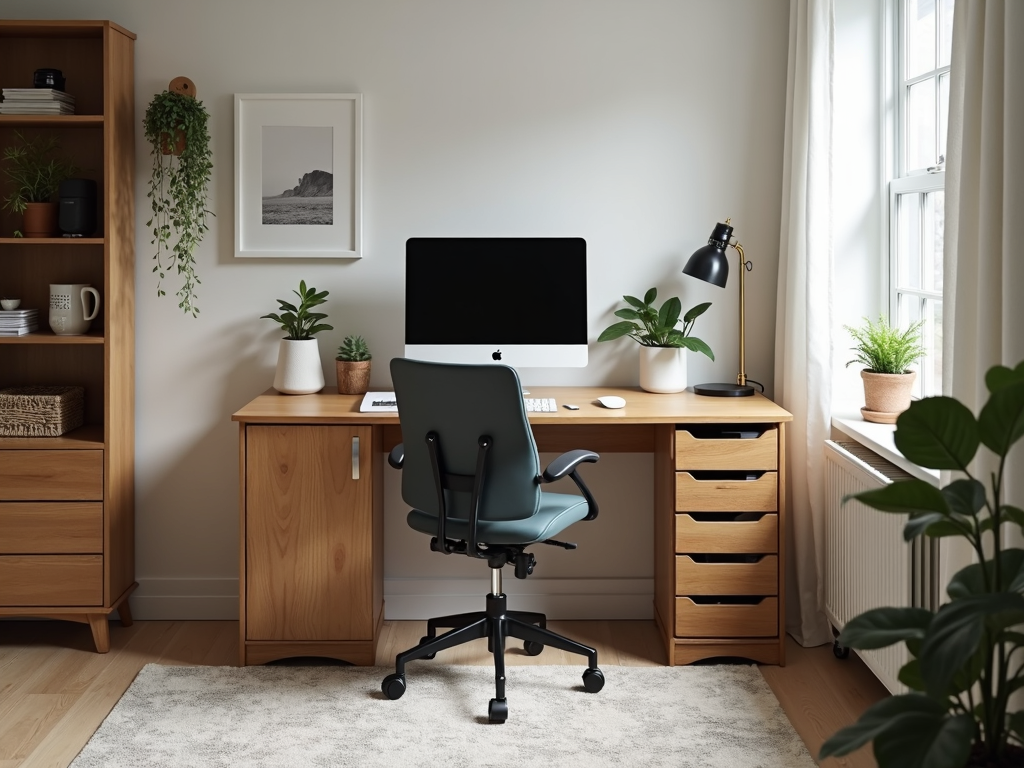 A tidy home office with a compact desk and ergonomic chair