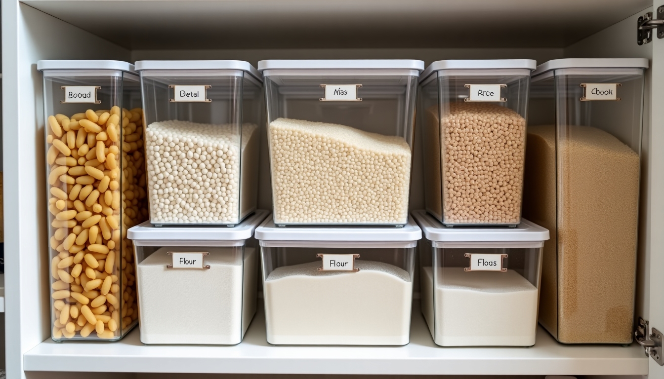 Pantry cabinet with labeled clear containers