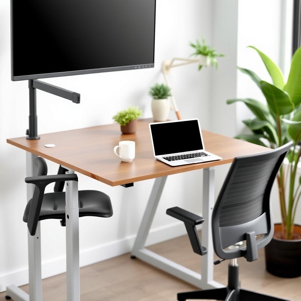 Modern office with standing desk and ergonomic setup