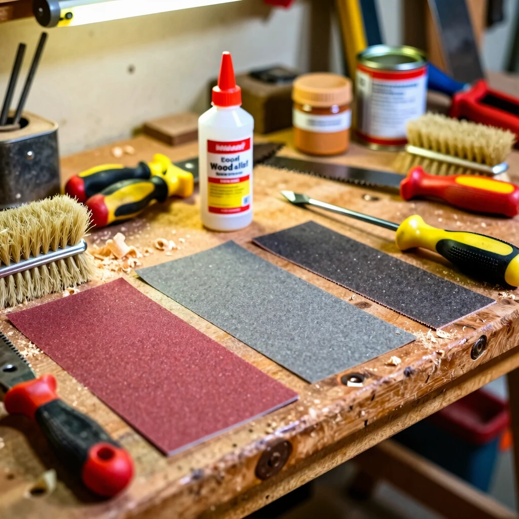 Essential tools laid out for antique furniture restoration