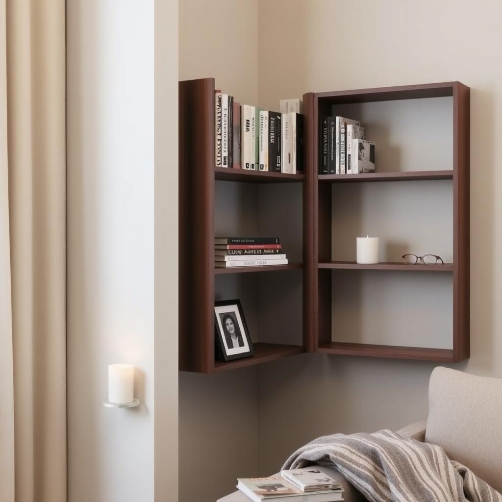Modular bookshelf in a small living room corner with books and decor.