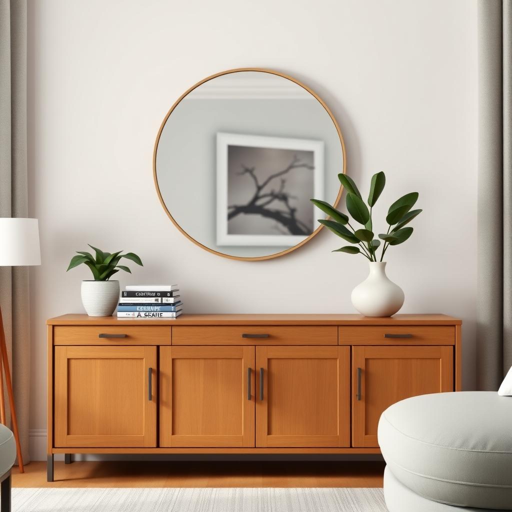 Stylish sideboard with a mirror, plant, books, and vase in a cozy living room