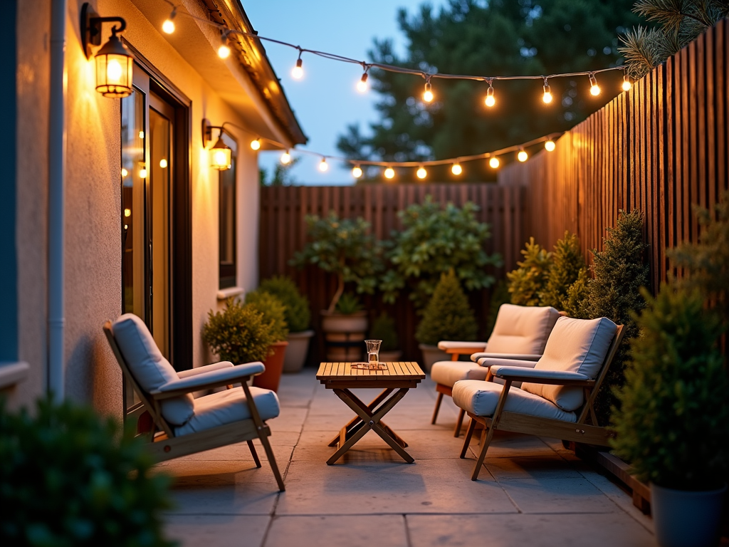 A warm patio with light furniture and lights