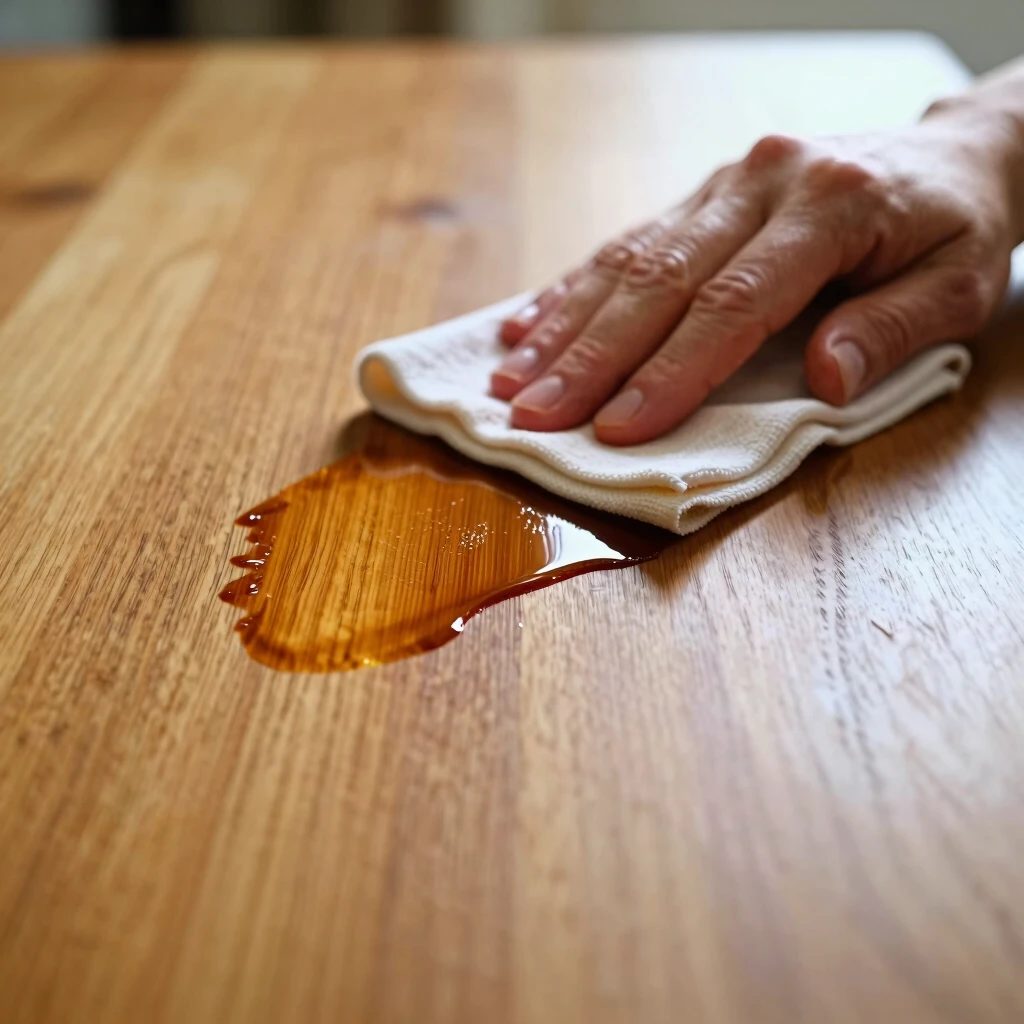 Applying polish to wooden table