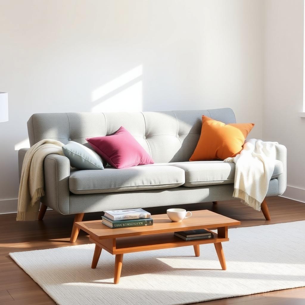 Modern gray futon in a cozy living room with throw pillows and a coffee table