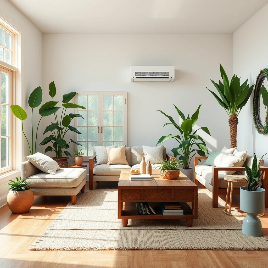 Modern living room with eco-friendly reclaimed wood furniture and sustainable sofa surrounded by plants