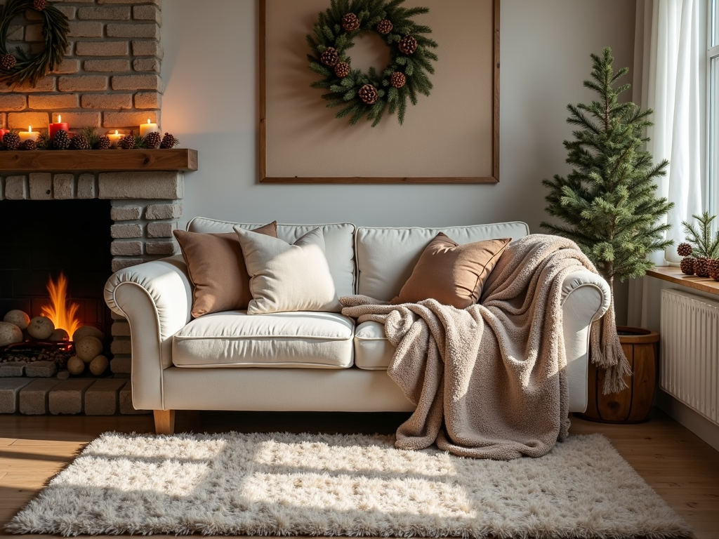 A cozy living room with warm decor and natural elements.