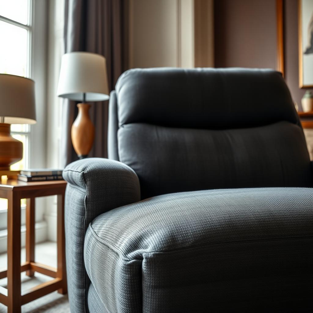 Modern living room with a dark gray upholstered recliner next to a wooden side table