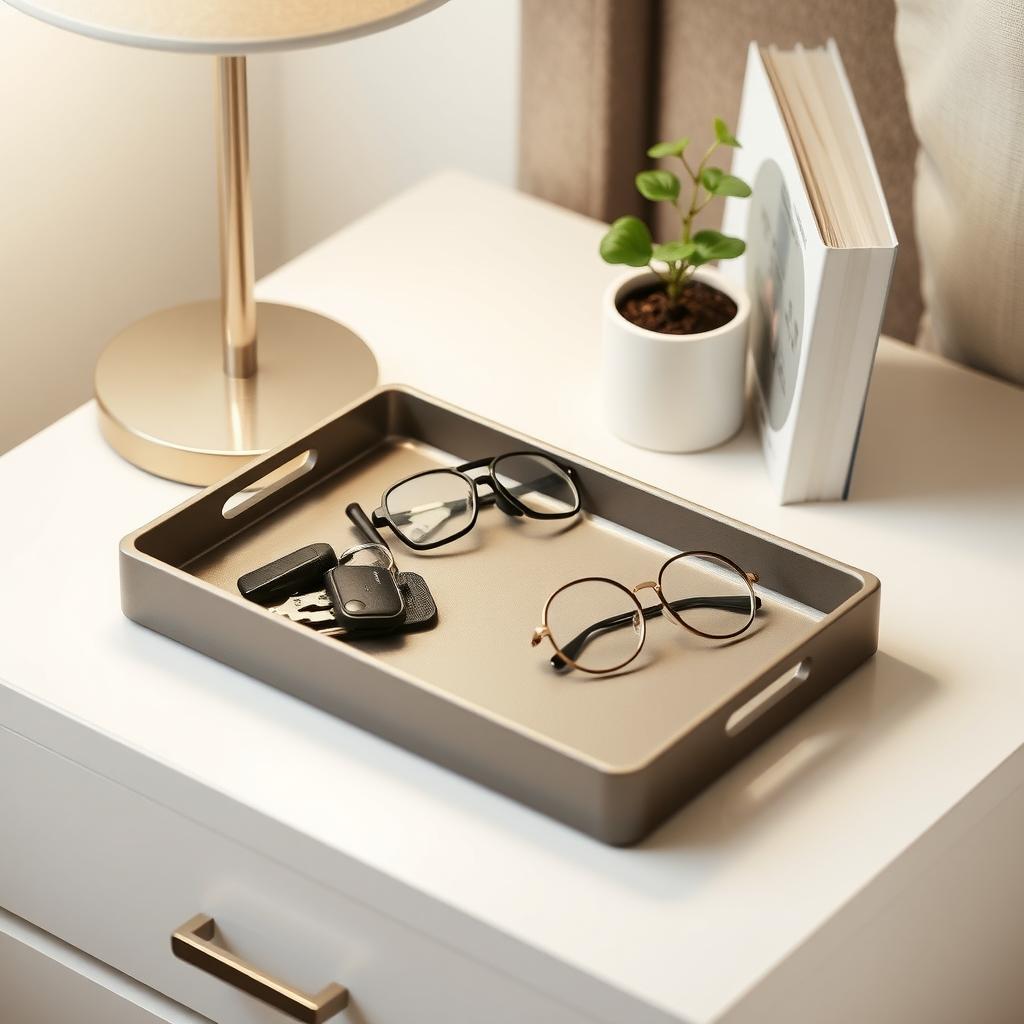 A neatly organized nightstand with a tray, lamp, book, and small plant.