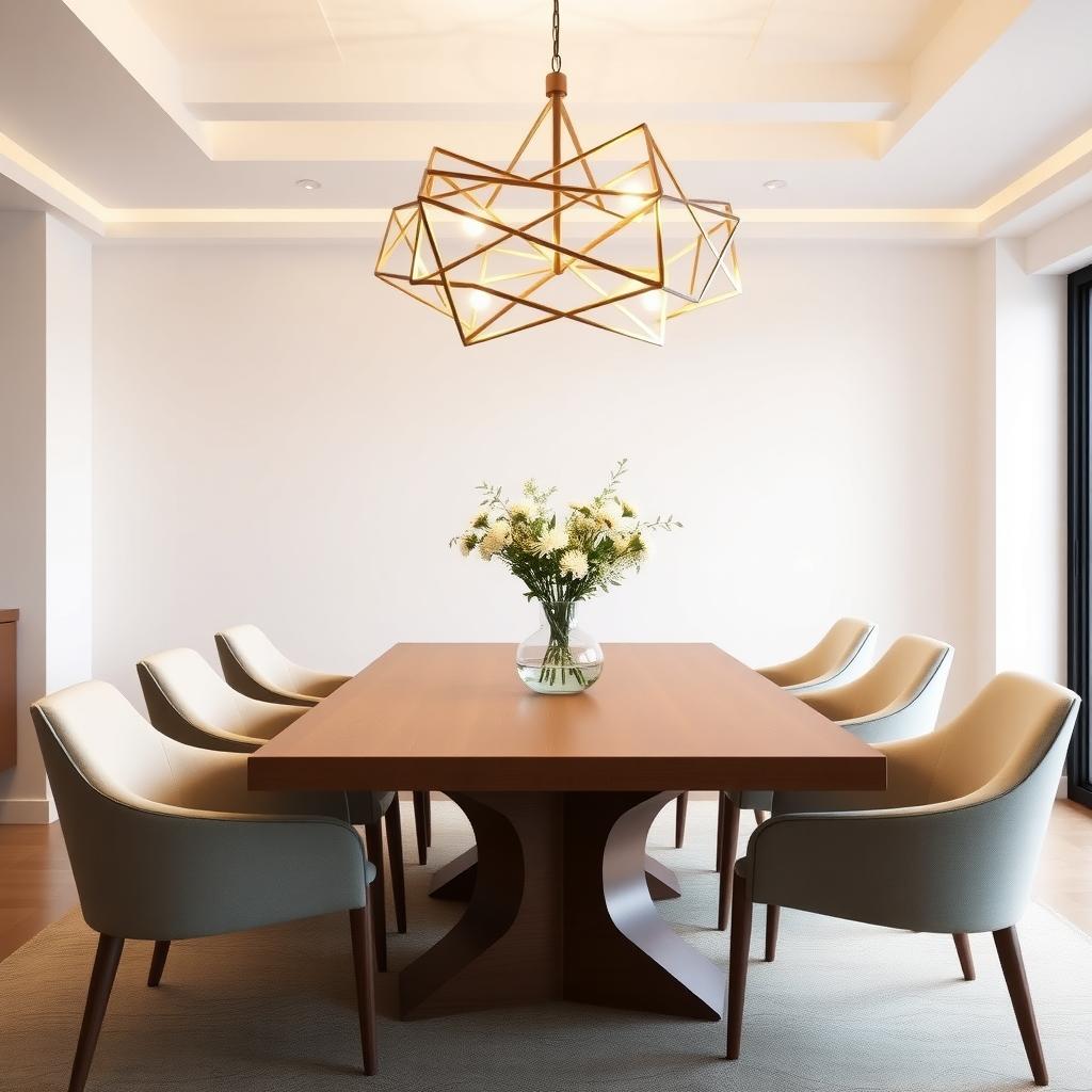 Modern dining room with a geometric gold chandelier illuminating a wooden dining table and upholstered chairs.