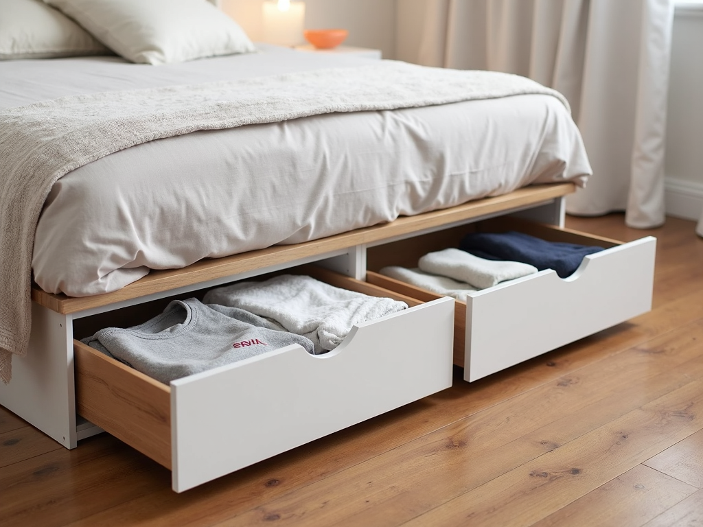 A bedroom with under-bed storage drawers neatly organizing clothes and linens.