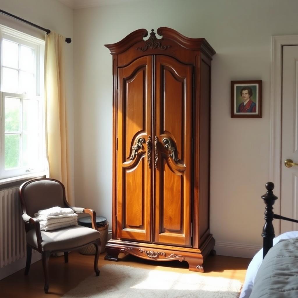 An elegant armoire in a cozy bedroom corner with folded clothes on a nearby chair.
