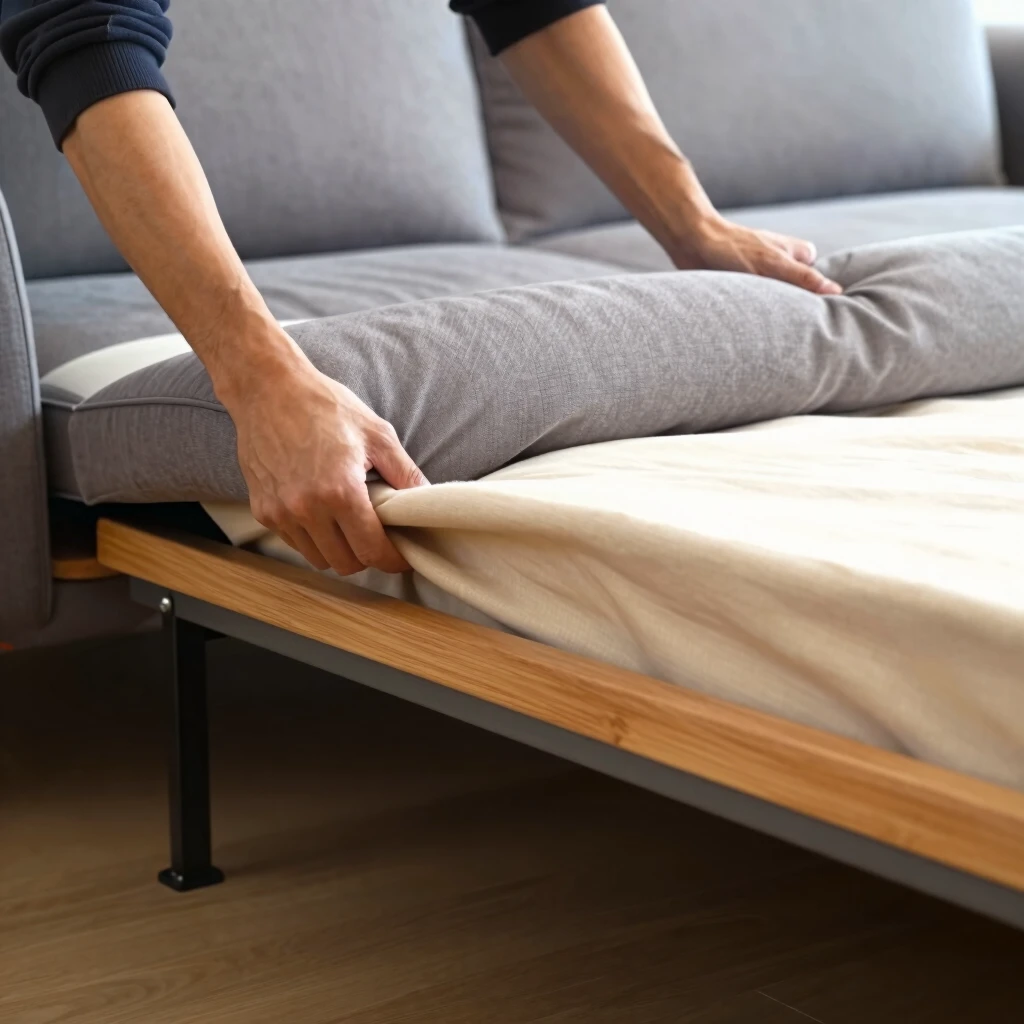 Hands converting a gray futon sofa into a flat bed
