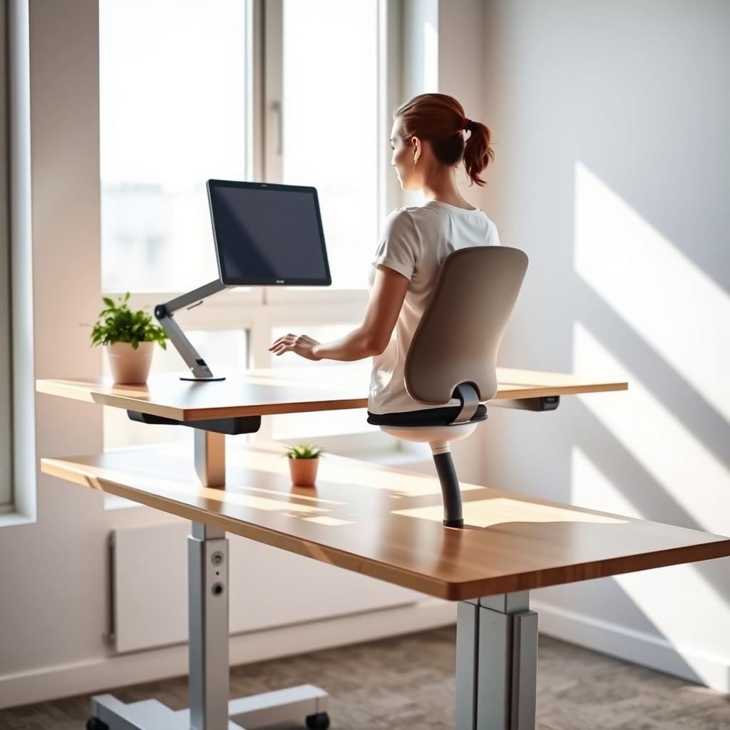 Modern ergonomic workstation with adjustable desk and chair in a bright office