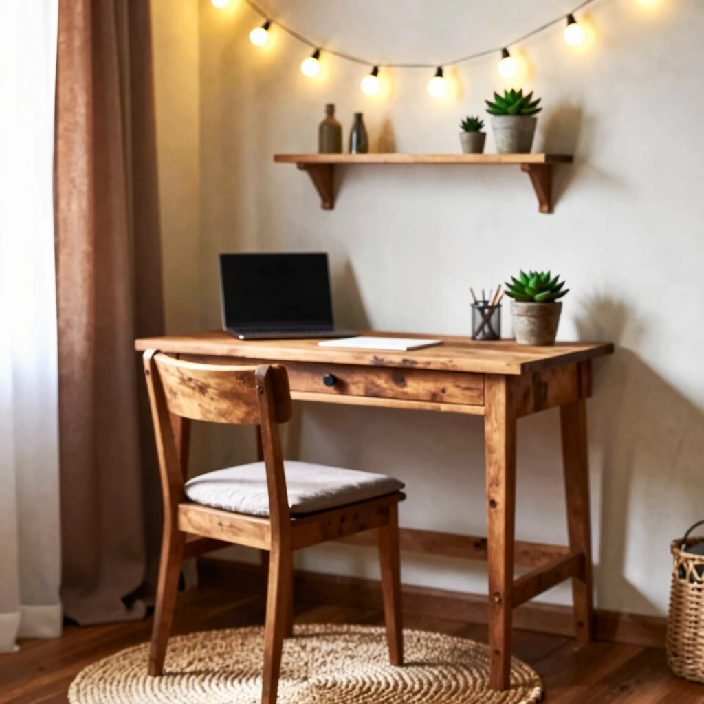 Cozy budget home office setup in a living room corner