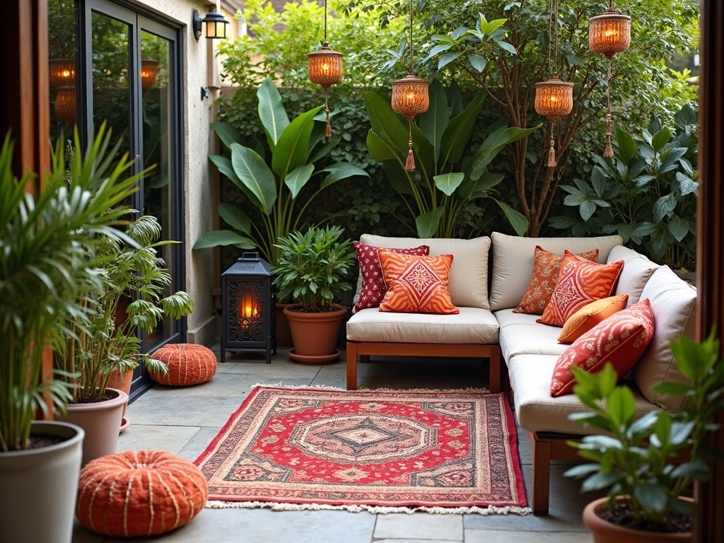 A cozy patio space featuring a variety of vibrant cushions and a rug.