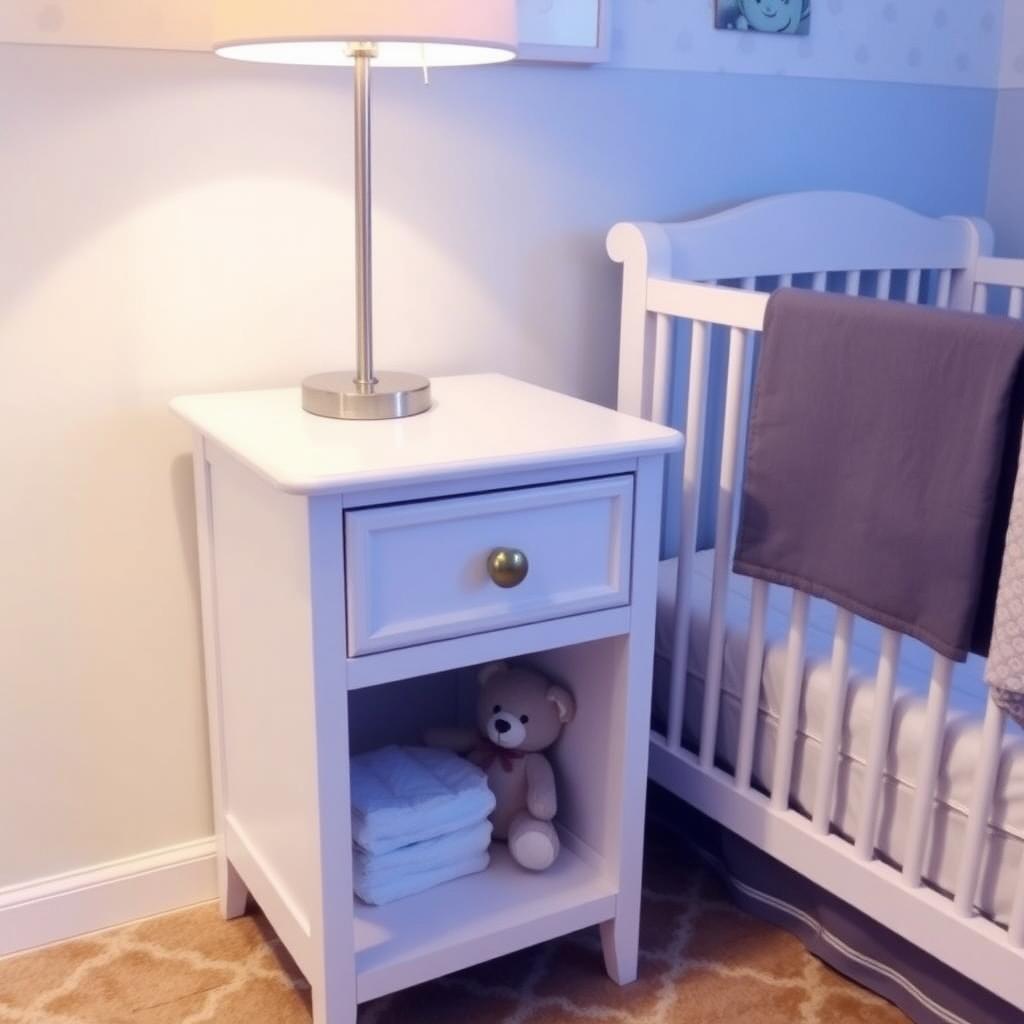 White wooden nightstand in a cozy nursery with a crib, featuring a drawer, lower shelf with diapers and a teddy bear, and a warm lamp on top.