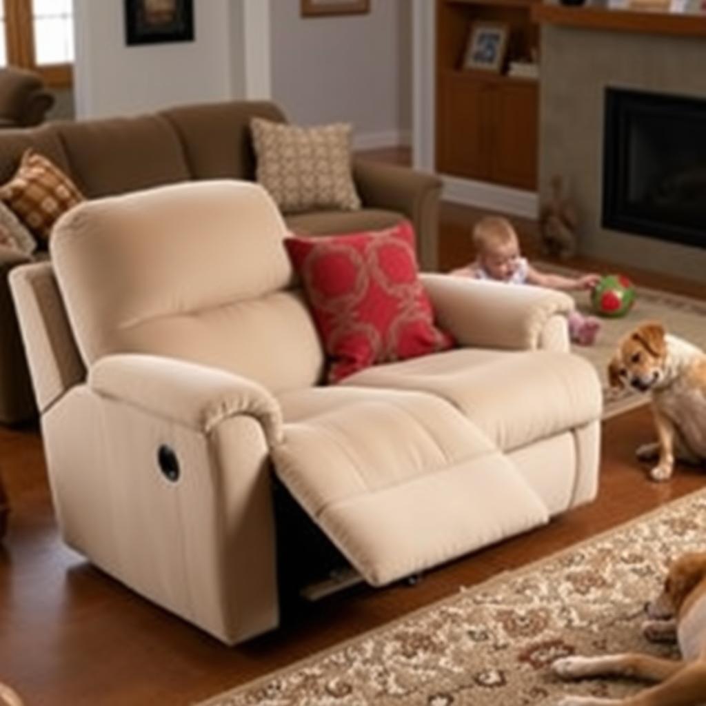 Beige microfiber recliner in a cozy, pet-friendly family room with a child and dog