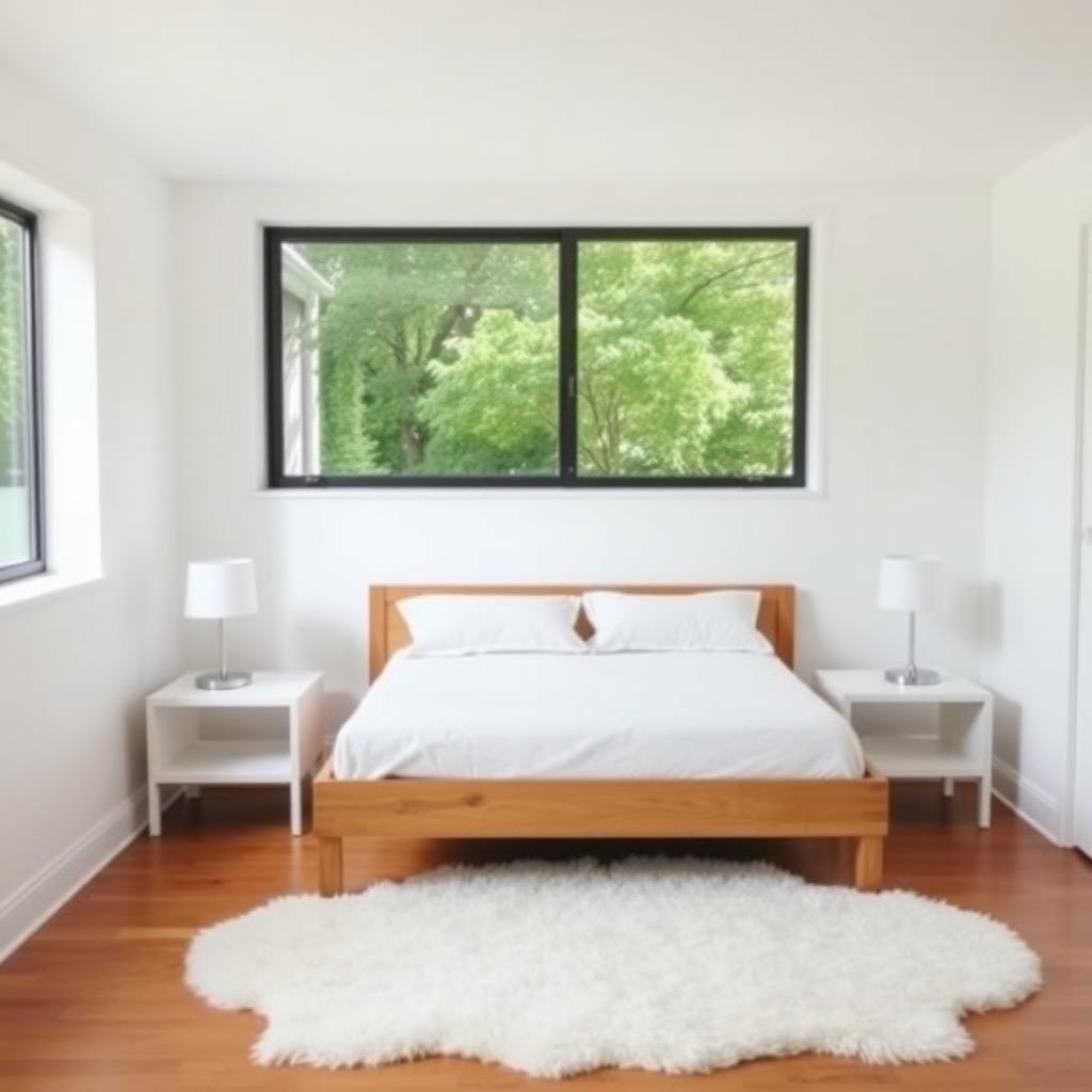 Minimalist bedroom with a wooden bed frame, white bedding, and modern nightstands.