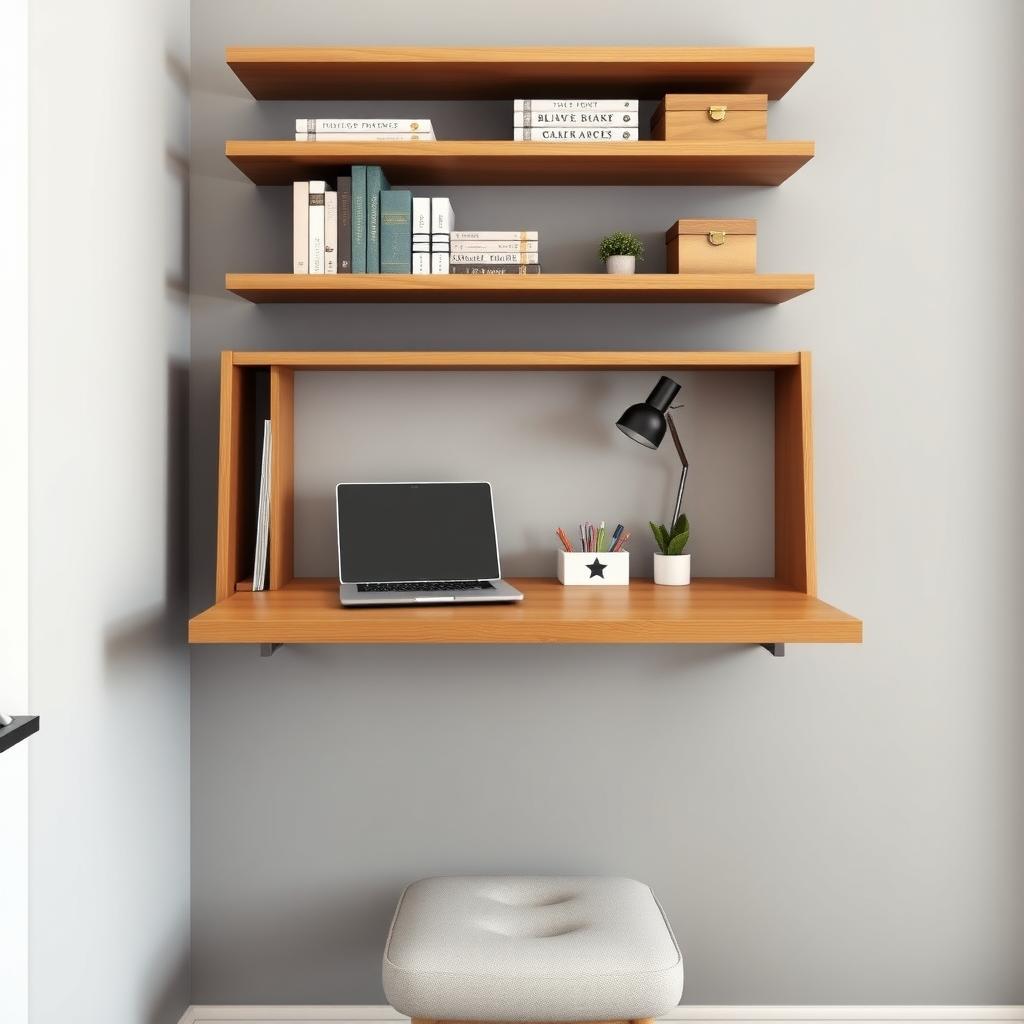 Small bedroom corner with a foldable wall-mounted desk, floating shelves, and organized workspace.