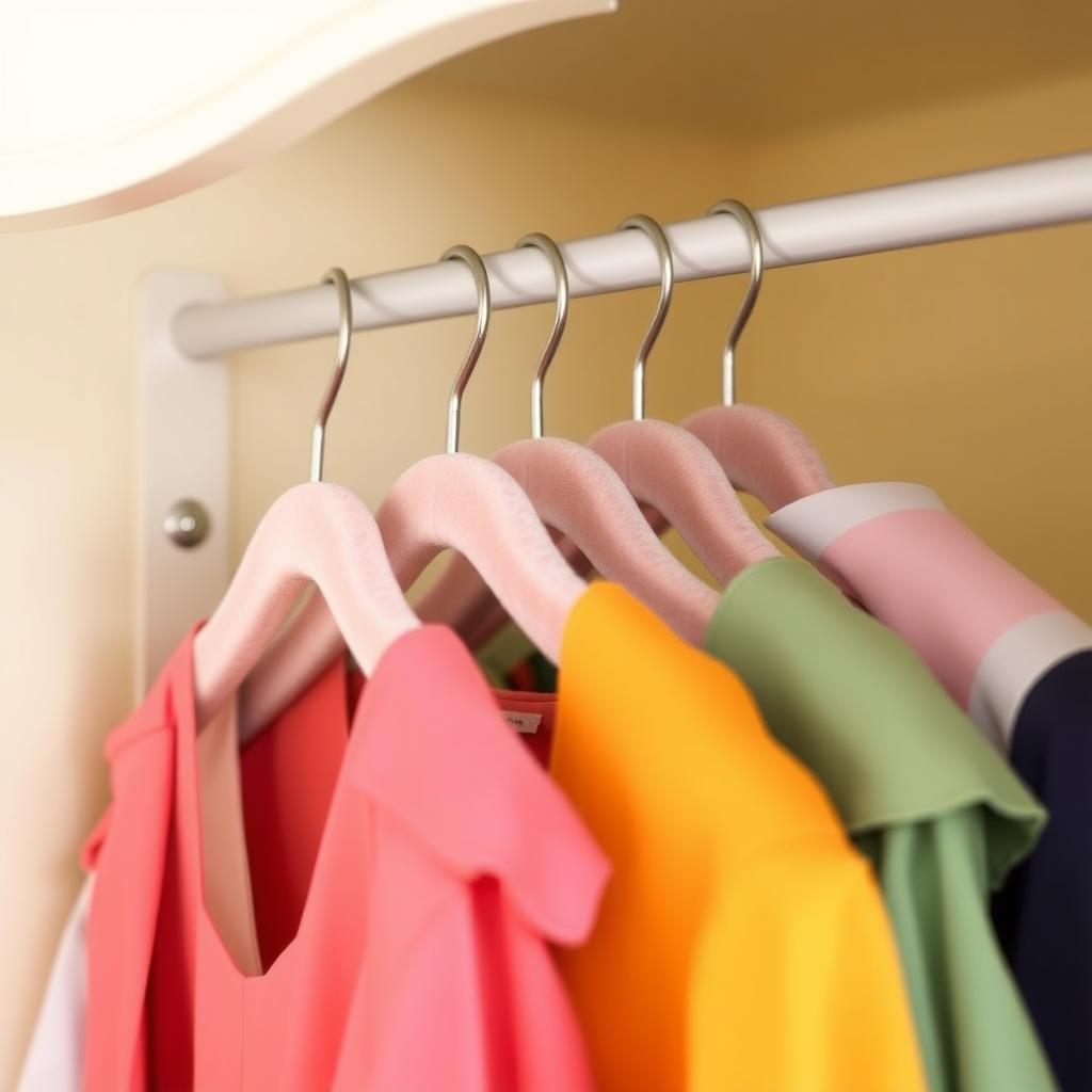 Close-up of armoire hanging rod with colorful blouses and jackets on slim velvet hangers, inside a cream-colored armoire interior.
