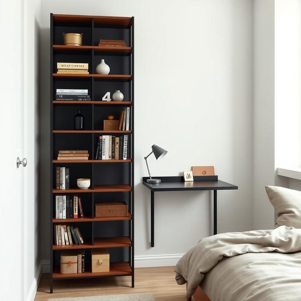 Minimalist small bedroom with a tall bookshelf, foldable desk, and cozy bed.