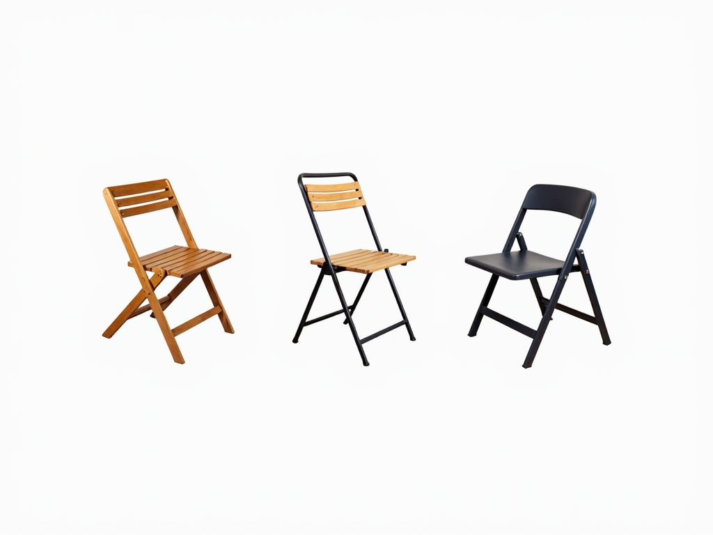 Different types of foldable chairs: wooden, metal, and plastic.